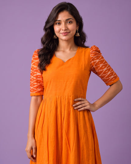 Handloom Ikkat Cotton Frock in Bright Orange Colour with Orange Ikkat Puff Sleeves | Half-Length Lining | Ready to Wear