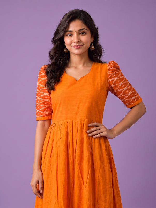 Handloom Ikkat Cotton Frock in Bright Orange Colour with Orange Ikkat Puff Sleeves | Half-Length Lining | Ready to Wear