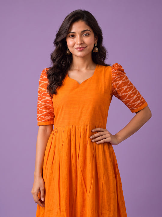 Handloom Ikkat Cotton Frock in Bright Orange Colour with Orange Ikkat Puff Sleeves | Half-Length Lining | Ready to Wear