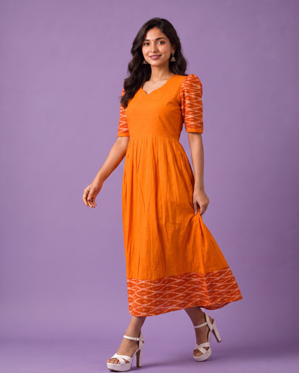 Handloom Ikkat Cotton Frock in Bright Orange Colour with Orange Ikkat Puff Sleeves | Half-Length Lining | Ready to Wear