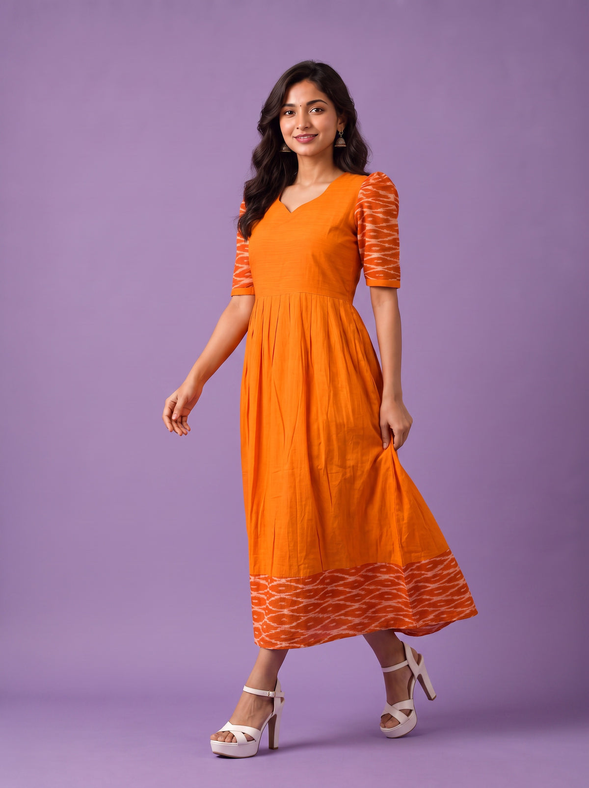 Handloom Ikkat Cotton Frock in Bright Orange Colour with Orange Ikkat Puff Sleeves | Half-Length Lining | Ready to Wear