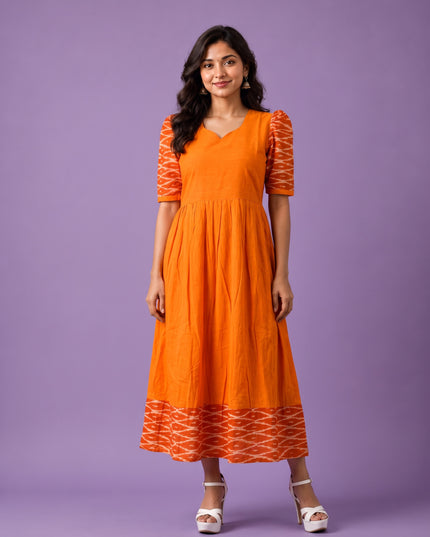 Handloom Ikkat Cotton Frock in Bright Orange Colour with Orange Ikkat Puff Sleeves | Half-Length Lining | Ready to Wear