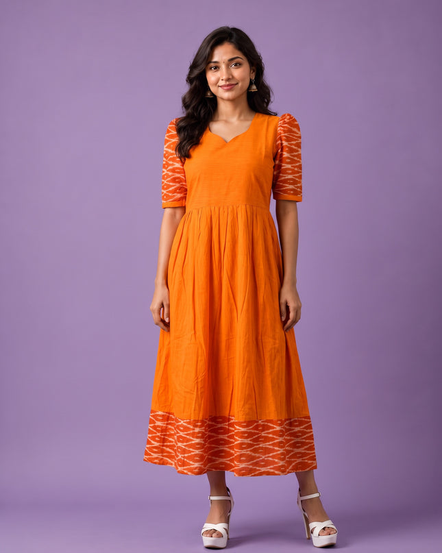 Handloom Ikkat Cotton Frock in Bright Orange Colour with Orange Ikkat Puff Sleeves | Half-Length Lining | Ready to Wear