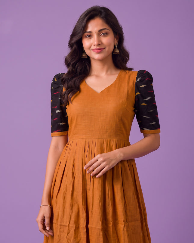 Handloom Ikkat Cotton Frock in Mustard Orange Colour with Black Ikkat Puff Sleeves | Half-Length Lining | Ready to Wear