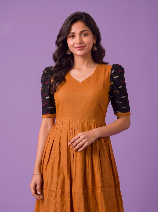 Handloom Ikkat Cotton Frock in Mustard Orange Colour with Black Ikkat Puff Sleeves | Half-Length Lining | Ready to Wear