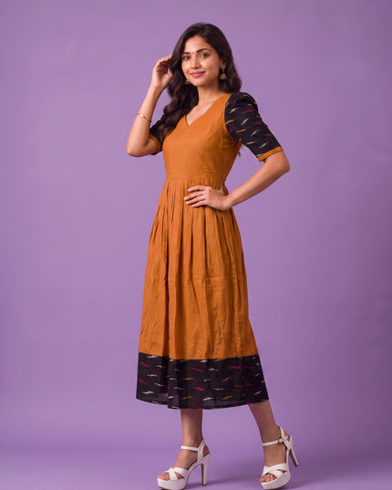 Handloom Ikkat Cotton Frock in Mustard Orange Colour with Black Ikkat Puff Sleeves | Half-Length Lining | Ready to Wear