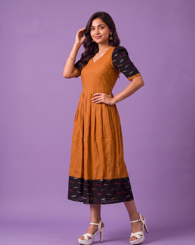 Handloom Ikkat Cotton Frock in Mustard Orange Colour with Black Ikkat Puff Sleeves | Half-Length Lining | Ready to Wear