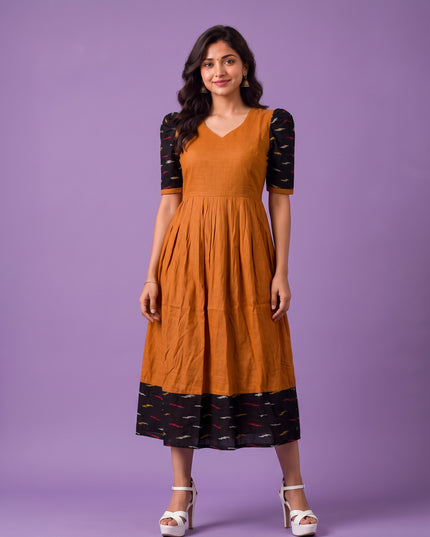 Handloom Ikkat Cotton Frock in Mustard Orange Colour with Black Ikkat Puff Sleeves | Half-Length Lining | Ready to Wear