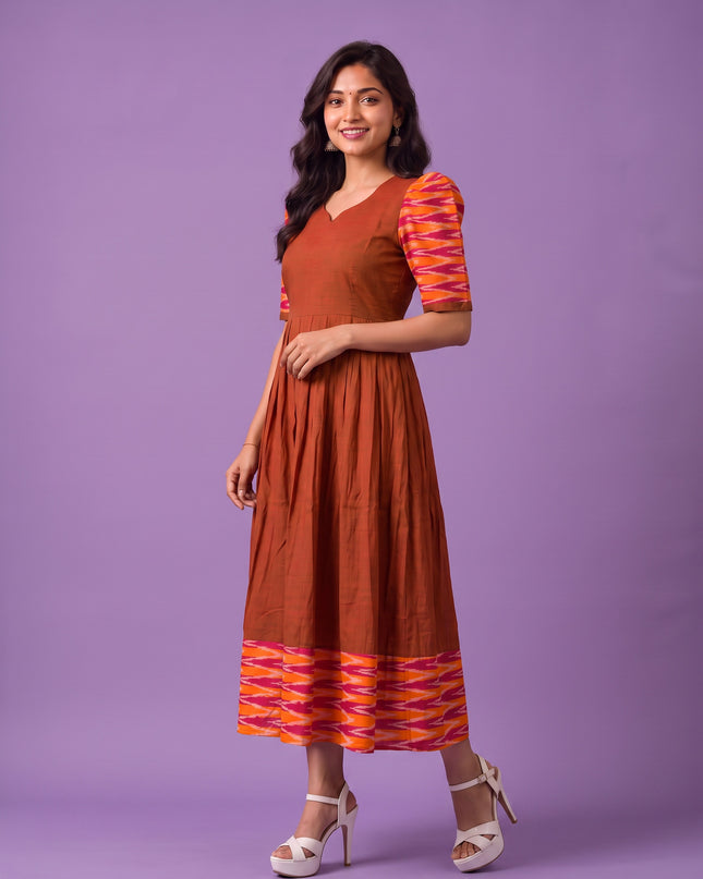 Handloom Ikkat Cotton Frock in Rust Brown Colour with Orange & Pink Ikkat Puff Sleeves | Half-Length Lining | Ready to Wear