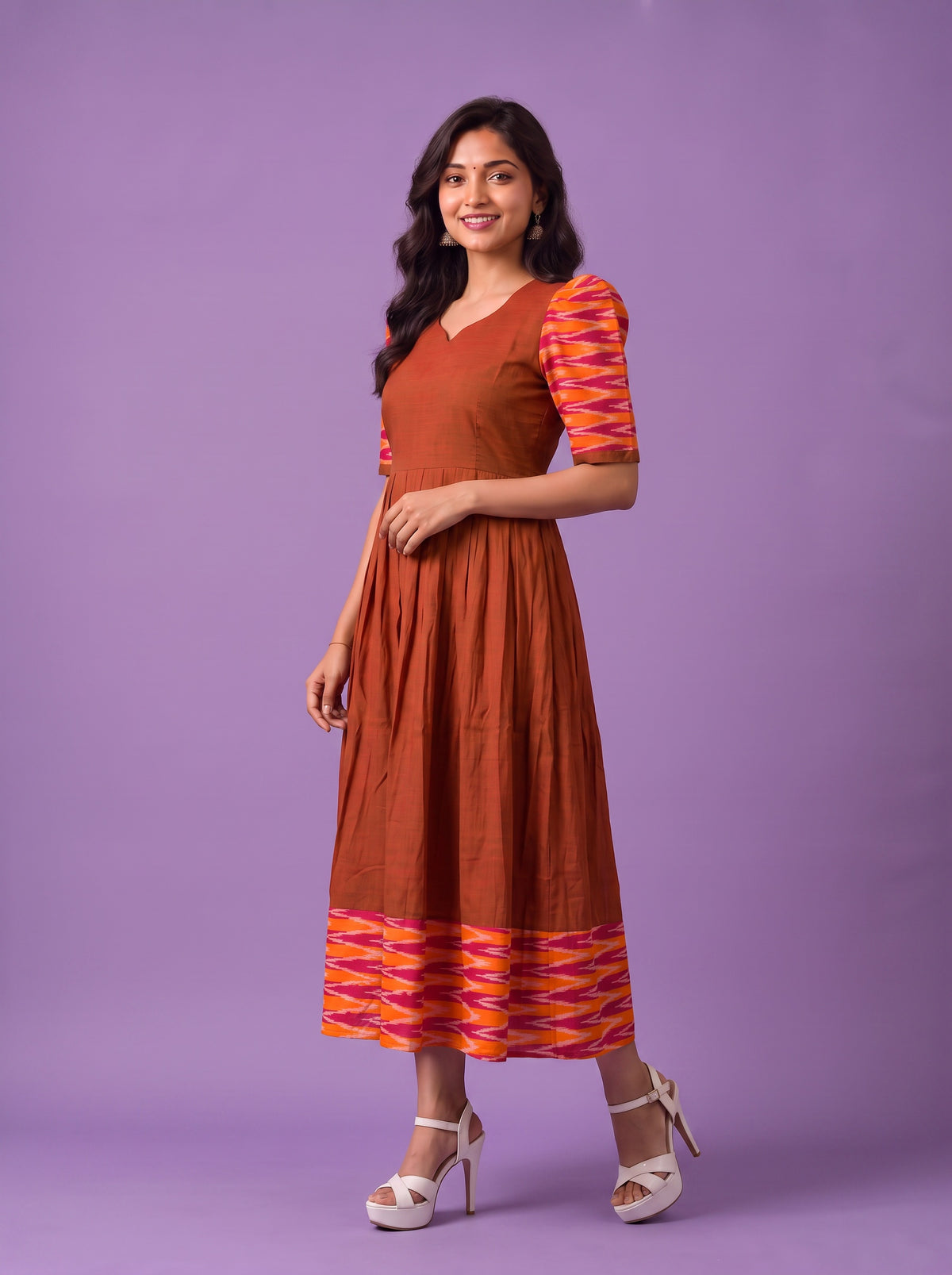 Handloom Ikkat Cotton Frock in Rust Brown Colour with Orange & Pink Ikkat Puff Sleeves | Half-Length Lining | Ready to Wear