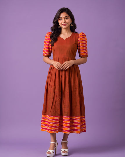 Handloom Ikkat Cotton Frock in Rust Brown Colour with Orange & Pink Ikkat Puff Sleeves | Half-Length Lining | Ready to Wear