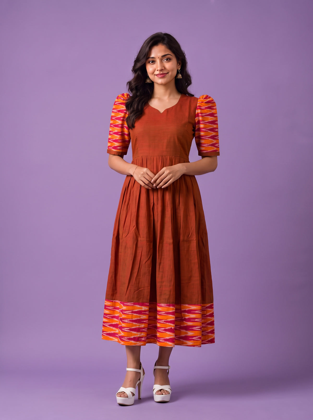 Handloom Ikkat Cotton Frock in Rust Brown Colour with Orange & Pink Ikkat Puff Sleeves | Half-Length Lining | Ready to Wear