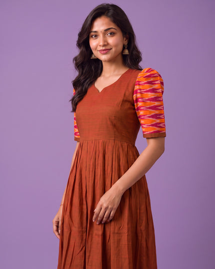 Handloom Ikkat Cotton Frock in Rust Brown Colour with Orange & Pink Ikkat Puff Sleeves | Half-Length Lining | Ready to Wear