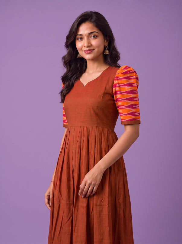 Handloom Ikkat Cotton Frock in Rust Brown Colour with Orange & Pink Ikkat Puff Sleeves | Half-Length Lining | Ready to Wear