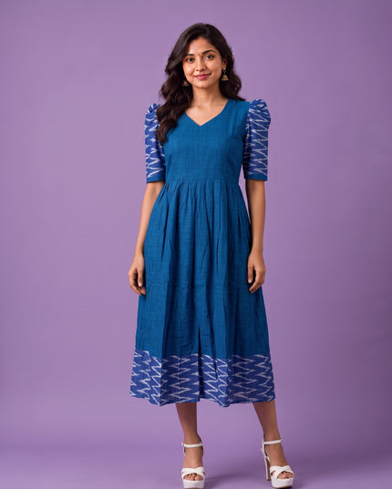 Handloom Ikkat Cotton Frock in Royal Blue Colour with Sky Blue Ikkat Puff Sleeves | Half-Length Lining | Ready to Wear