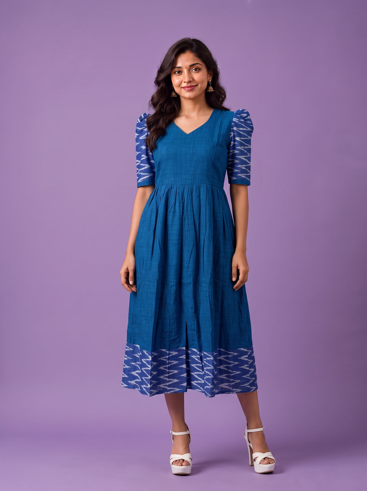 Handloom Ikkat Cotton Frock in Royal Blue Colour with Sky Blue Ikkat Puff Sleeves | Half-Length Lining | Ready to Wear
