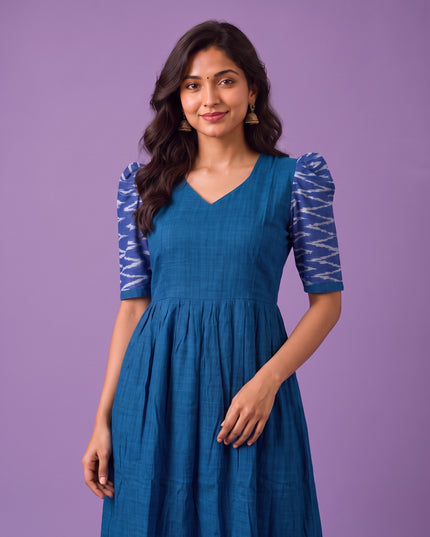 Handloom Ikkat Cotton Frock in Royal Blue Colour with Sky Blue Ikkat Puff Sleeves | Half-Length Lining | Ready to Wear