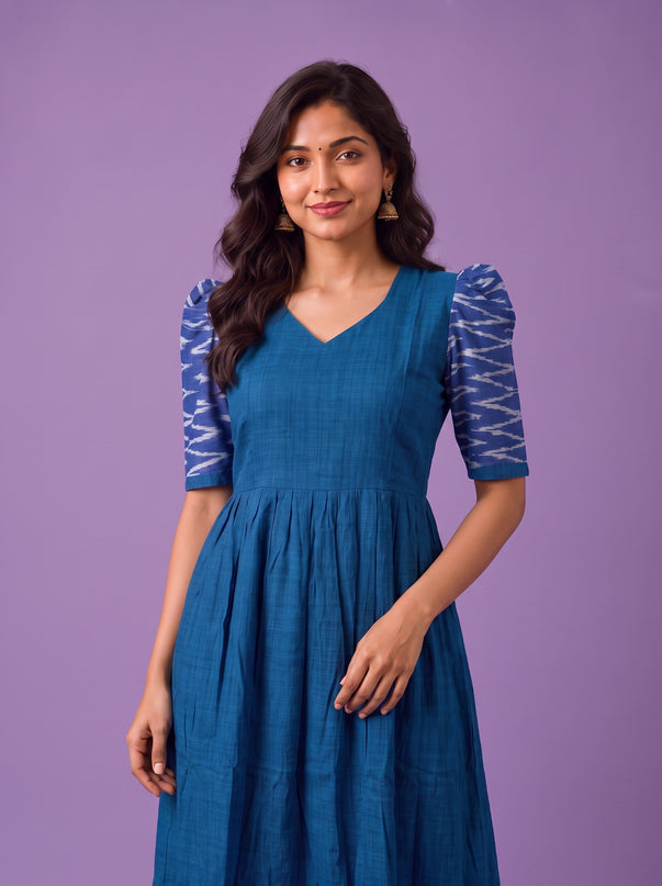 Handloom Ikkat Cotton Frock in Royal Blue Colour with Sky Blue Ikkat Puff Sleeves | Half-Length Lining | Ready to Wear