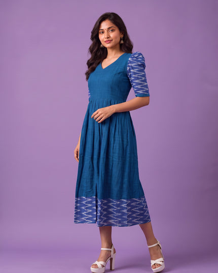 Handloom Ikkat Cotton Frock in Royal Blue Colour with Sky Blue Ikkat Puff Sleeves | Half-Length Lining | Ready to Wear
