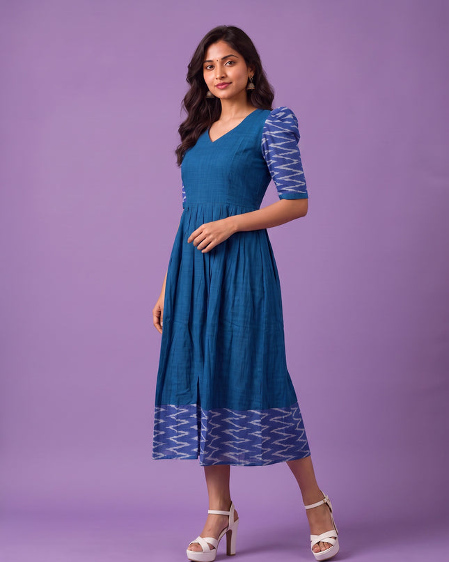 Handloom Ikkat Cotton Frock in Royal Blue Colour with Sky Blue Ikkat Puff Sleeves | Half-Length Lining | Ready to Wear