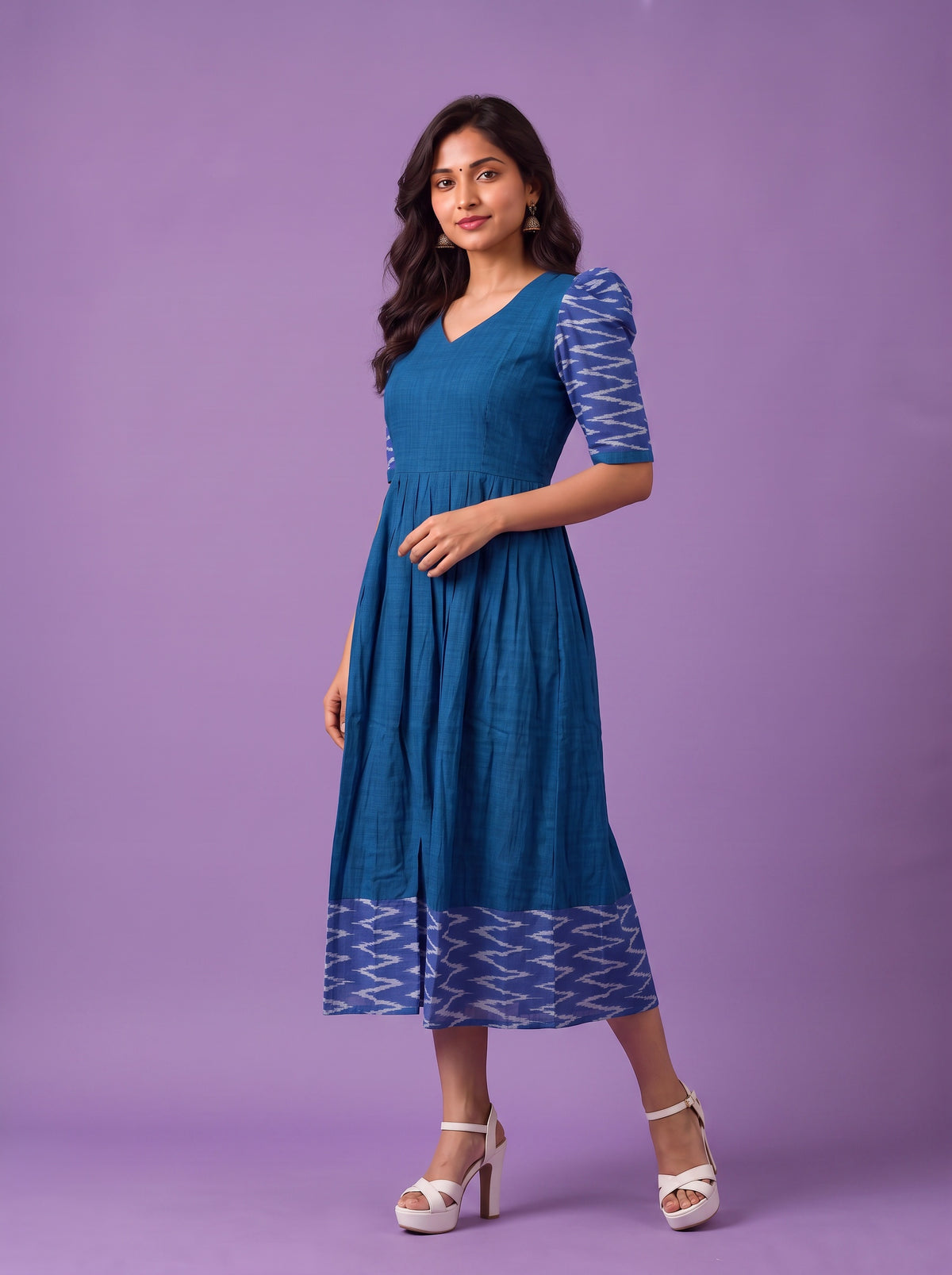 Handloom Ikkat Cotton Frock in Royal Blue Colour with Sky Blue Ikkat Puff Sleeves | Half-Length Lining | Ready to Wear
