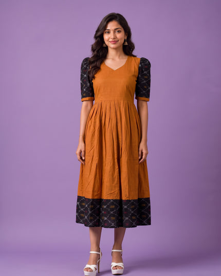 Handloom Ikkat Cotton Frock in Mustard Orange Colour with Black Ikkat Puff Sleeves | Half-Length Lining | Ready to Wear
