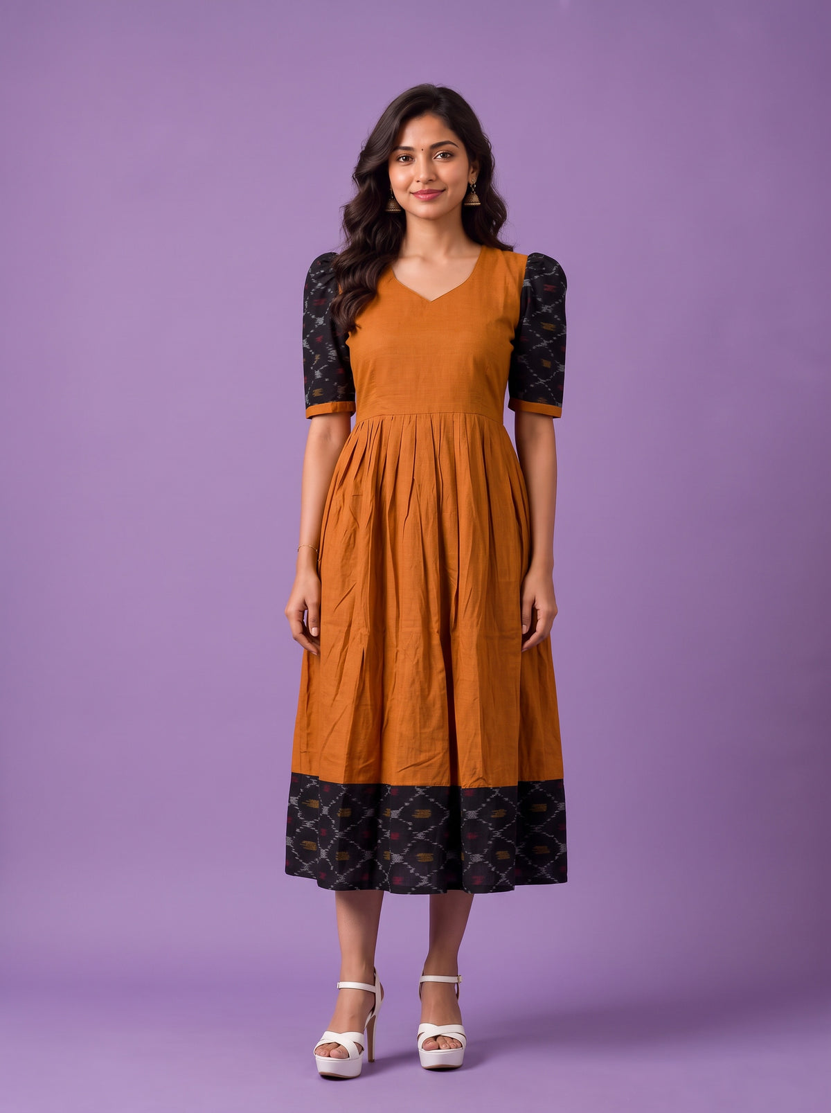 Handloom Ikkat Cotton Frock in Mustard Orange Colour with Black Ikkat Puff Sleeves | Half-Length Lining | Ready to Wear