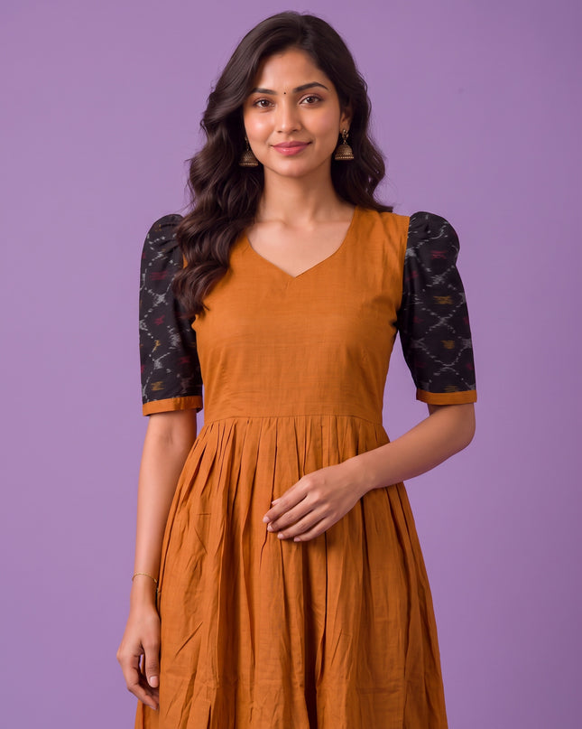 Handloom Ikkat Cotton Frock in Mustard Orange Colour with Black Ikkat Puff Sleeves | Half-Length Lining | Ready to Wear