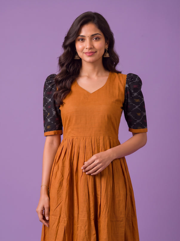 Handloom Ikkat Cotton Frock in Mustard Orange Colour with Black Ikkat Puff Sleeves | Half-Length Lining | Ready to Wear