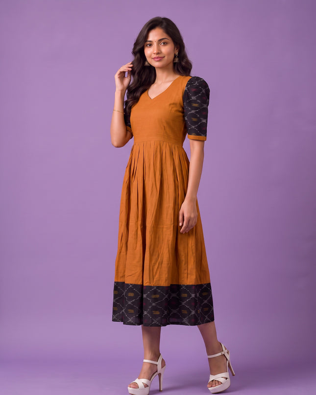 Handloom Ikkat Cotton Frock in Mustard Orange Colour with Black Ikkat Puff Sleeves | Half-Length Lining | Ready to Wear