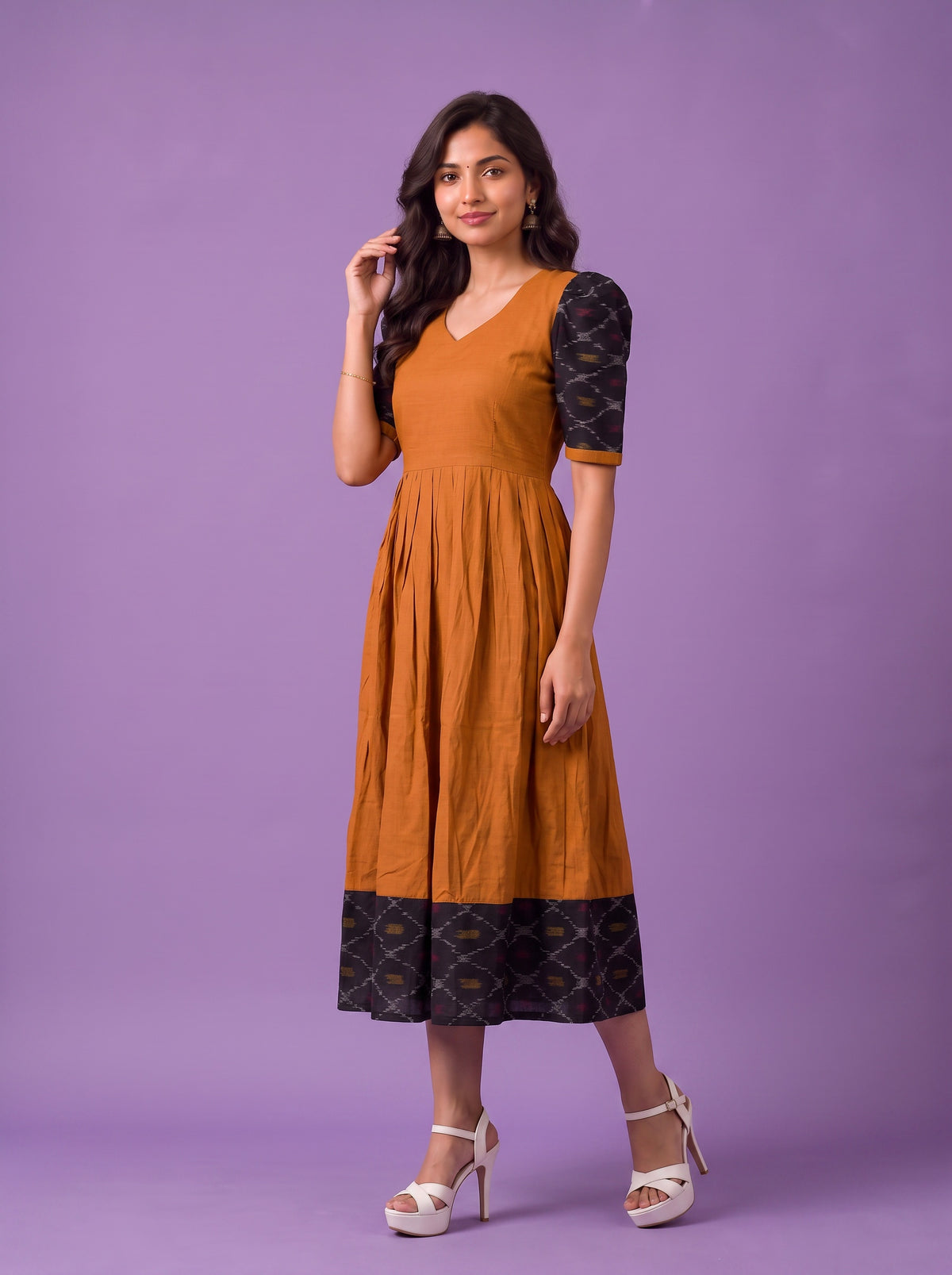 Handloom Ikkat Cotton Frock in Mustard Orange Colour with Black Ikkat Puff Sleeves | Half-Length Lining | Ready to Wear
