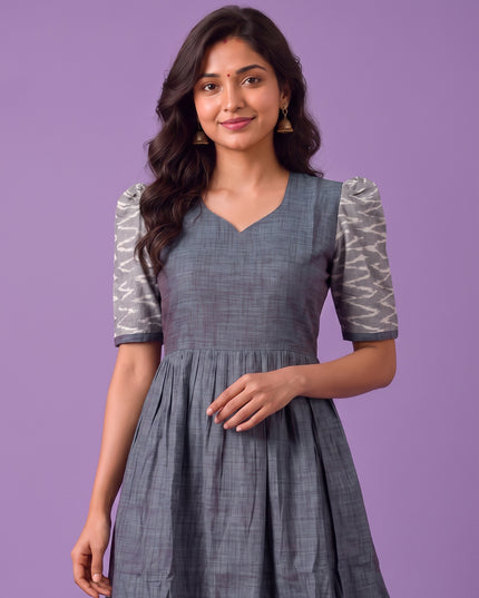 Handloom Ikkat Cotton Frock in Slate Grey Colour with Light Grey Ikkat Puff Sleeves | Half-Length Lining | Ready to Wear