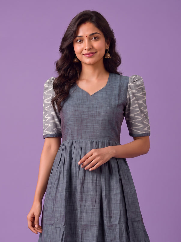 Handloom Ikkat Cotton Frock in Slate Grey Colour with Light Grey Ikkat Puff Sleeves | Half-Length Lining | Ready to Wear
