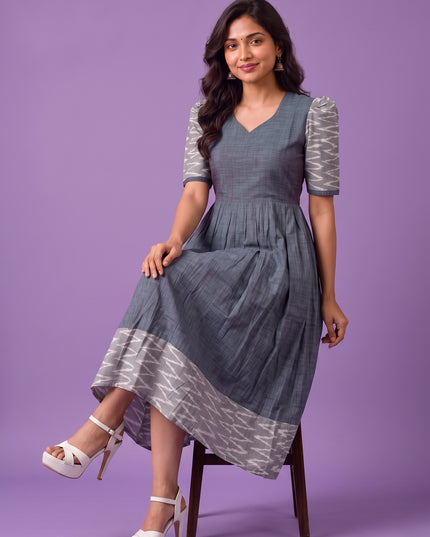 Handloom Ikkat Cotton Frock in Slate Grey Colour with Light Grey Ikkat Puff Sleeves | Half-Length Lining | Ready to Wear