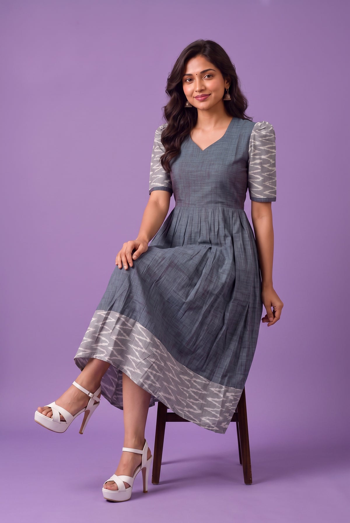 Handloom Ikkat Cotton Frock in Slate Grey Colour with Light Grey Ikkat Puff Sleeves | Half-Length Lining | Ready to Wear