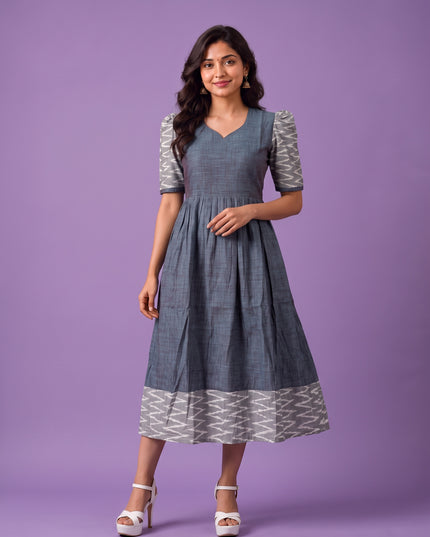 Handloom Ikkat Cotton Frock in Slate Grey Colour with Light Grey Ikkat Puff Sleeves | Half-Length Lining | Ready to Wear