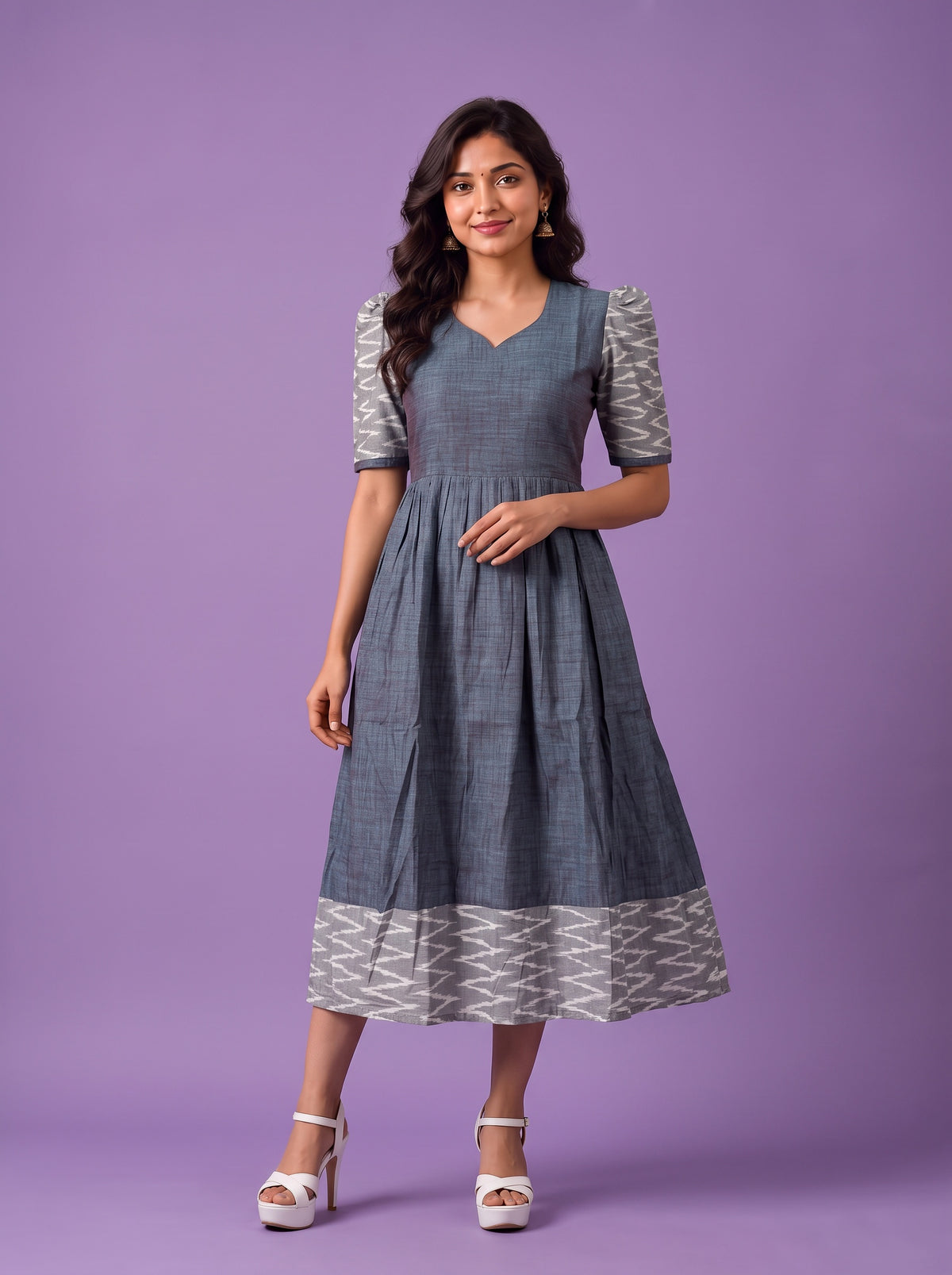 Handloom Ikkat Cotton Frock in Slate Grey Colour with Light Grey Ikkat Puff Sleeves | Half-Length Lining | Ready to Wear