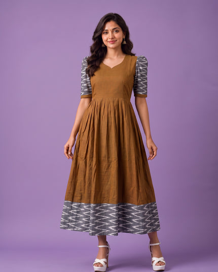 Handloom Ikkat Cotton Frock in Coffee Brown Colour with Light Grey Ikkat Puff Sleeves | Half-Length Lining | Ready to Wear