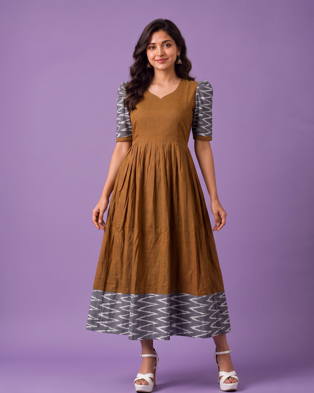 Handloom Ikkat Cotton Frock in Coffee Brown Colour with Light Grey Ikkat Puff Sleeves | Half-Length Lining | Ready to Wear