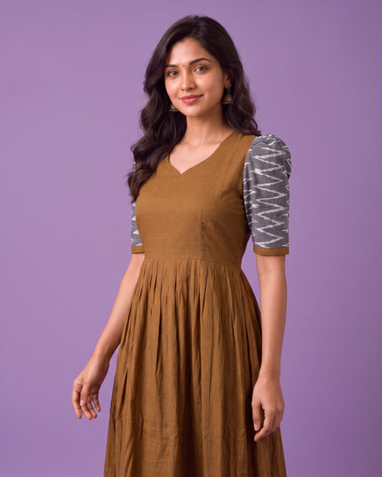 Handloom Ikkat Cotton Frock in Coffee Brown Colour with Light Grey Ikkat Puff Sleeves | Half-Length Lining | Ready to Wear