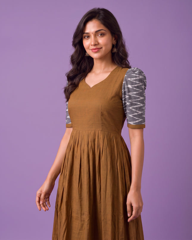 Handloom Ikkat Cotton Frock in Coffee Brown Colour with Light Grey Ikkat Puff Sleeves | Half-Length Lining | Ready to Wear