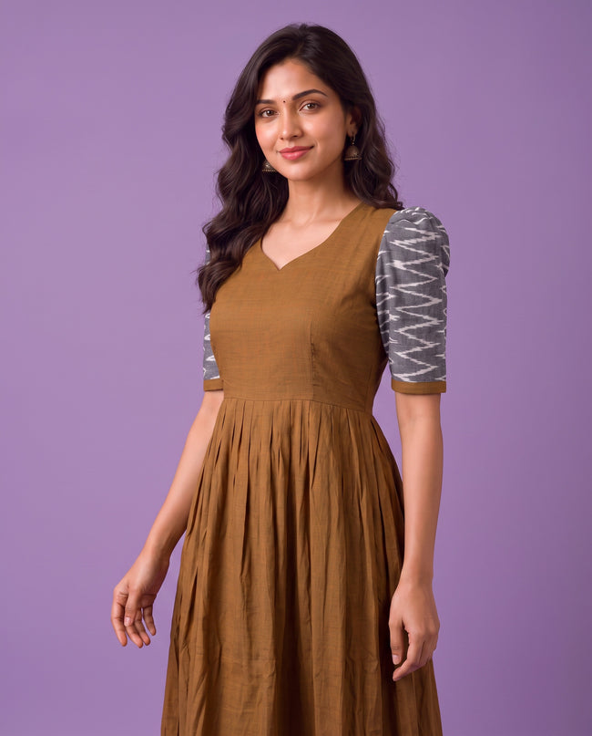 Handloom Ikkat Cotton Frock in Coffee Brown Colour with Light Grey Ikkat Puff Sleeves | Half-Length Lining | Ready to Wear