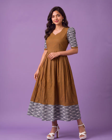 Handloom Ikkat Cotton Frock in Coffee Brown Colour with Light Grey Ikkat Puff Sleeves | Half-Length Lining | Ready to Wear