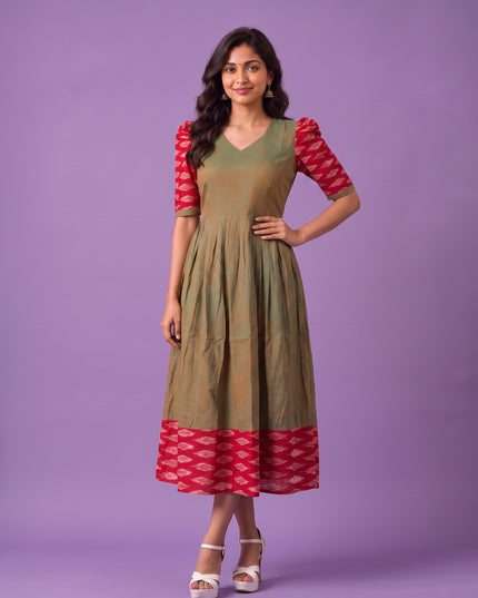 Handloom Ikkat Cotton Frock in Olive Green Colour with Maroon Ikkat Puff Sleeves | Half-Length Lining | Ready to Wear