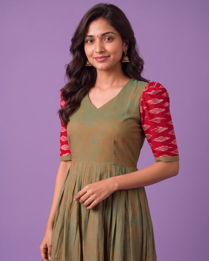 Handloom Ikkat Cotton Frock in Olive Green Colour with Maroon Ikkat Puff Sleeves | Half-Length Lining | Ready to Wear