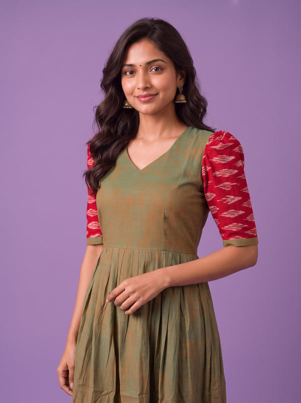 Handloom Ikkat Cotton Frock in Olive Green Colour with Maroon Ikkat Puff Sleeves | Half-Length Lining | Ready to Wear