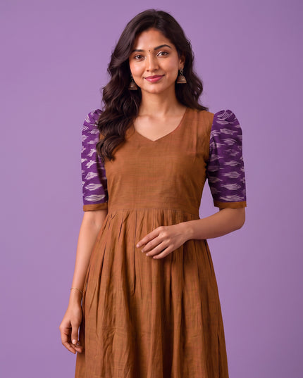 Handloom Ikkat Cotton Frock in Coffee Brown Colour with Purple Ikkat Puff Sleeves | Half-Length Lining | Ready to Wear