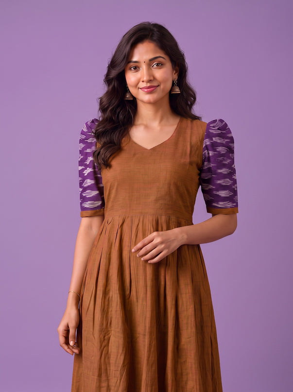 Handloom Ikkat Cotton Frock in Coffee Brown Colour with Purple Ikkat Puff Sleeves | Half-Length Lining | Ready to Wear