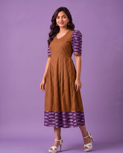 Handloom Ikkat Cotton Frock in Coffee Brown Colour with Purple Ikkat Puff Sleeves | Half-Length Lining | Ready to Wear
