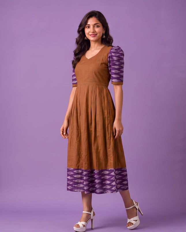 Handloom Ikkat Cotton Frock in Coffee Brown Colour with Purple Ikkat Puff Sleeves | Half-Length Lining | Ready to Wear
